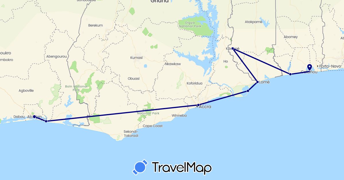 TravelMap itinerary: driving in Benin, Côte d'Ivoire, Ghana, Togo (Africa)